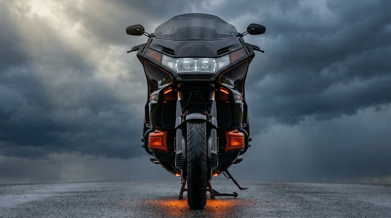AI concept render of the Gold Wing in black and orange, for the 1989 Honda Gold Wing GL1500 Aspencade build