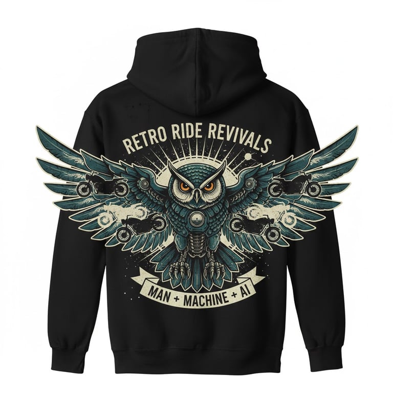 Wrench Ai artwork for the 1989 Honda Gold Wing GL1500 Aspencade build: hoodie design mockup with the owl logo