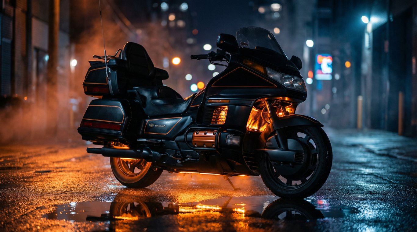 AI concept render of the Gold Wing in black and orange, for the 1989 Honda Gold Wing GL1500 Aspencade build
