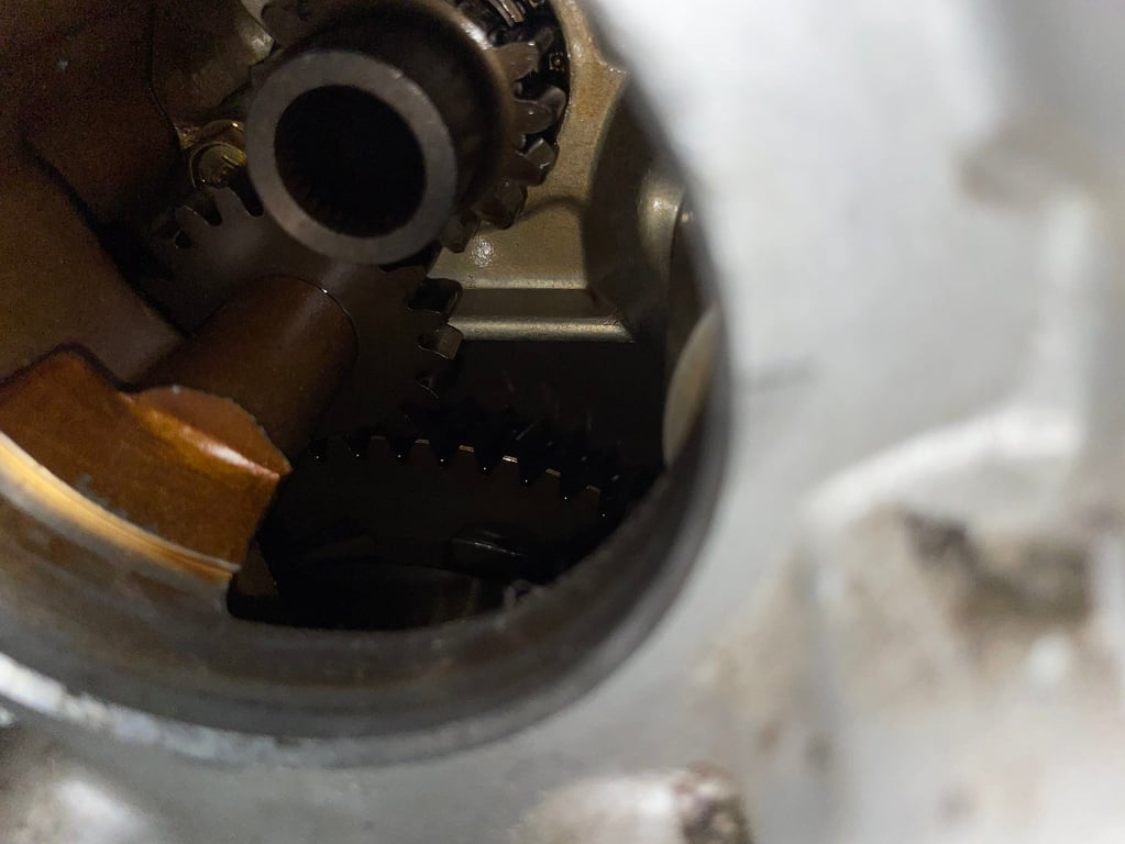 1995 red Honda Gold Wing GL1500 Interstate, before restoration: close-up inside an engine case opening