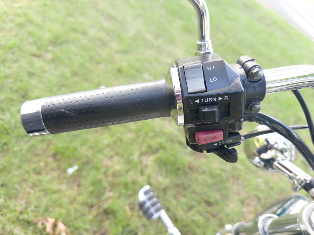 1995 Yamaha Virago 1100, completed restoration: handlebar controls, photographed outdoors