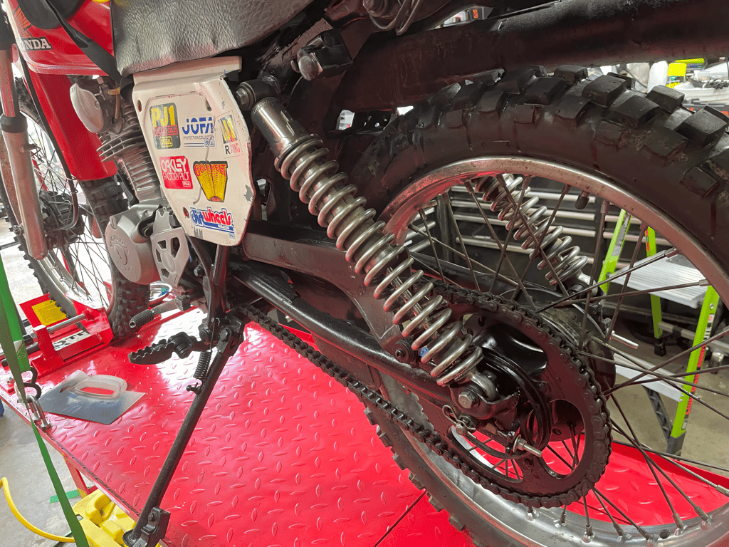 1979 Honda XL125s, during the rebuild: rear wheel, shock and chain
