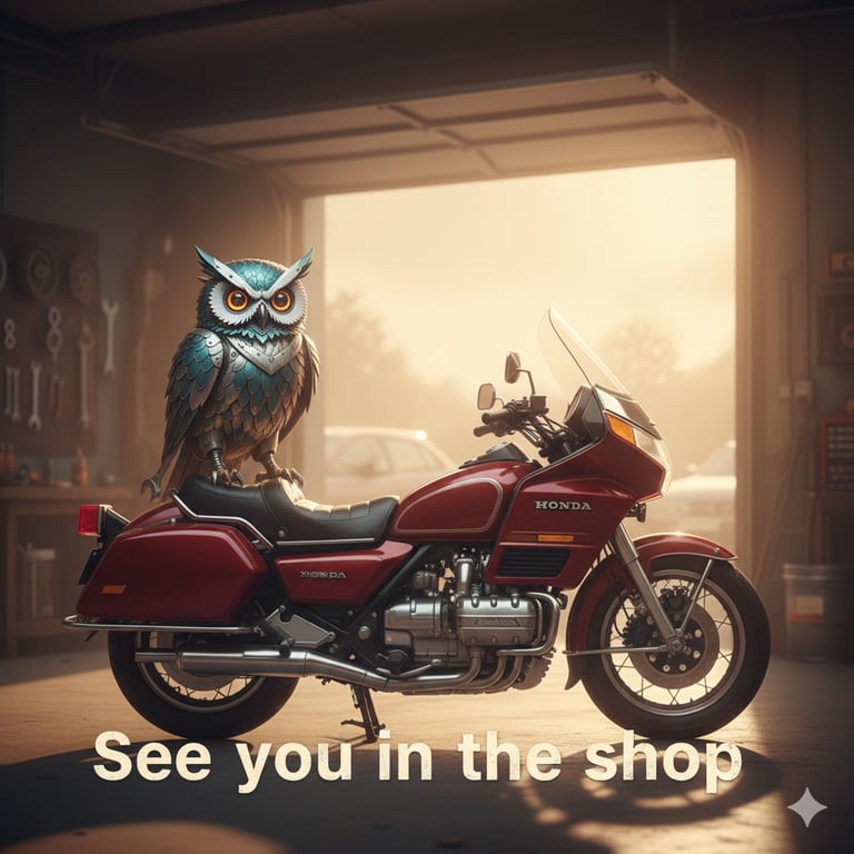 Wrench Ai artwork for the 1989 Honda Gold Wing GL1500 Aspencade build: owl mascot with a red Gold Wing, captioned See you in the shop