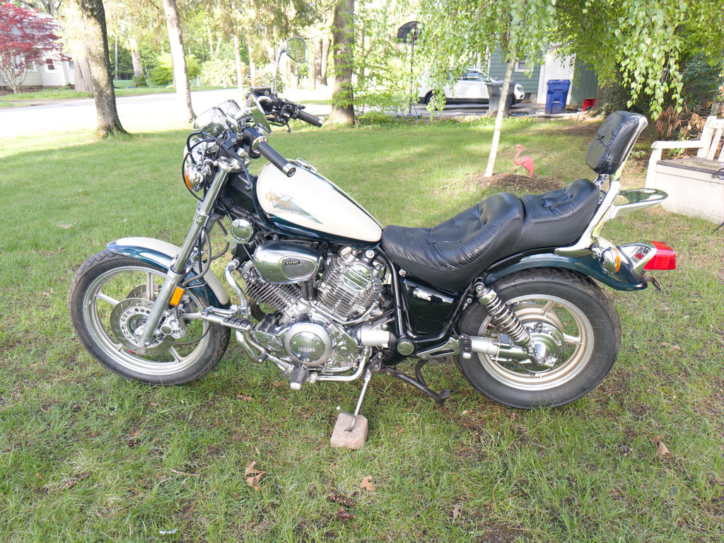 1995 Yamaha Virago 1100, completed restoration: side view on the lawn
