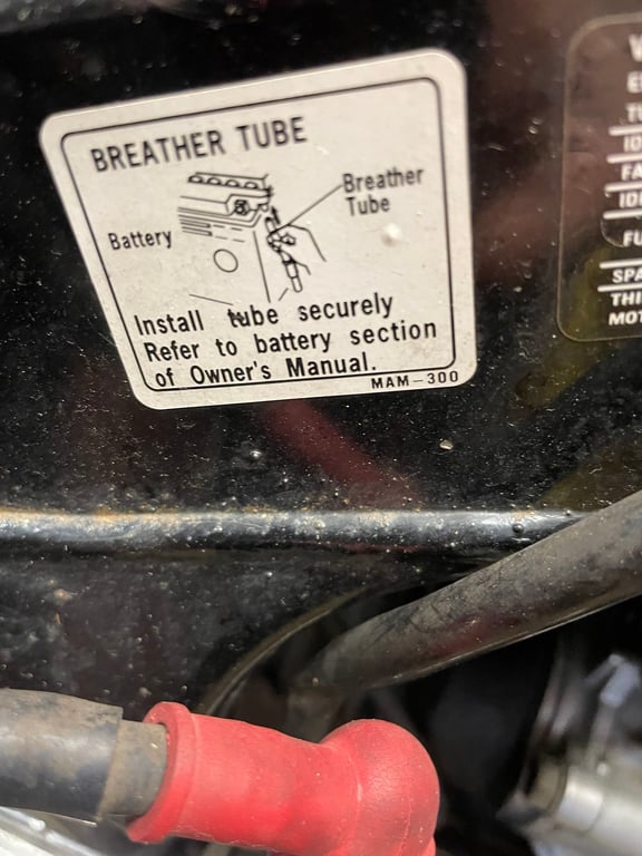 1995 red Honda Gold Wing GL1500 Interstate, during the restoration: breather tube label