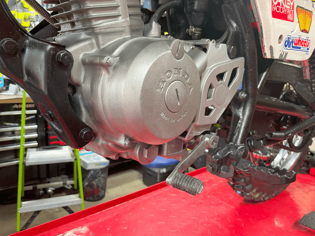 1979 Honda XL125s, during the rebuild: engine case and chain guard