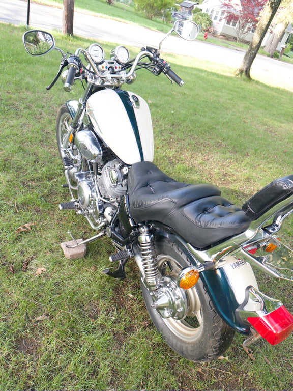 1995 Yamaha Virago 1100, completed restoration: rear three-quarter view on the lawn