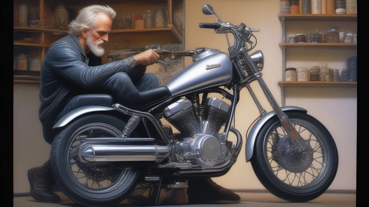 Man repairing motorcycle in garage