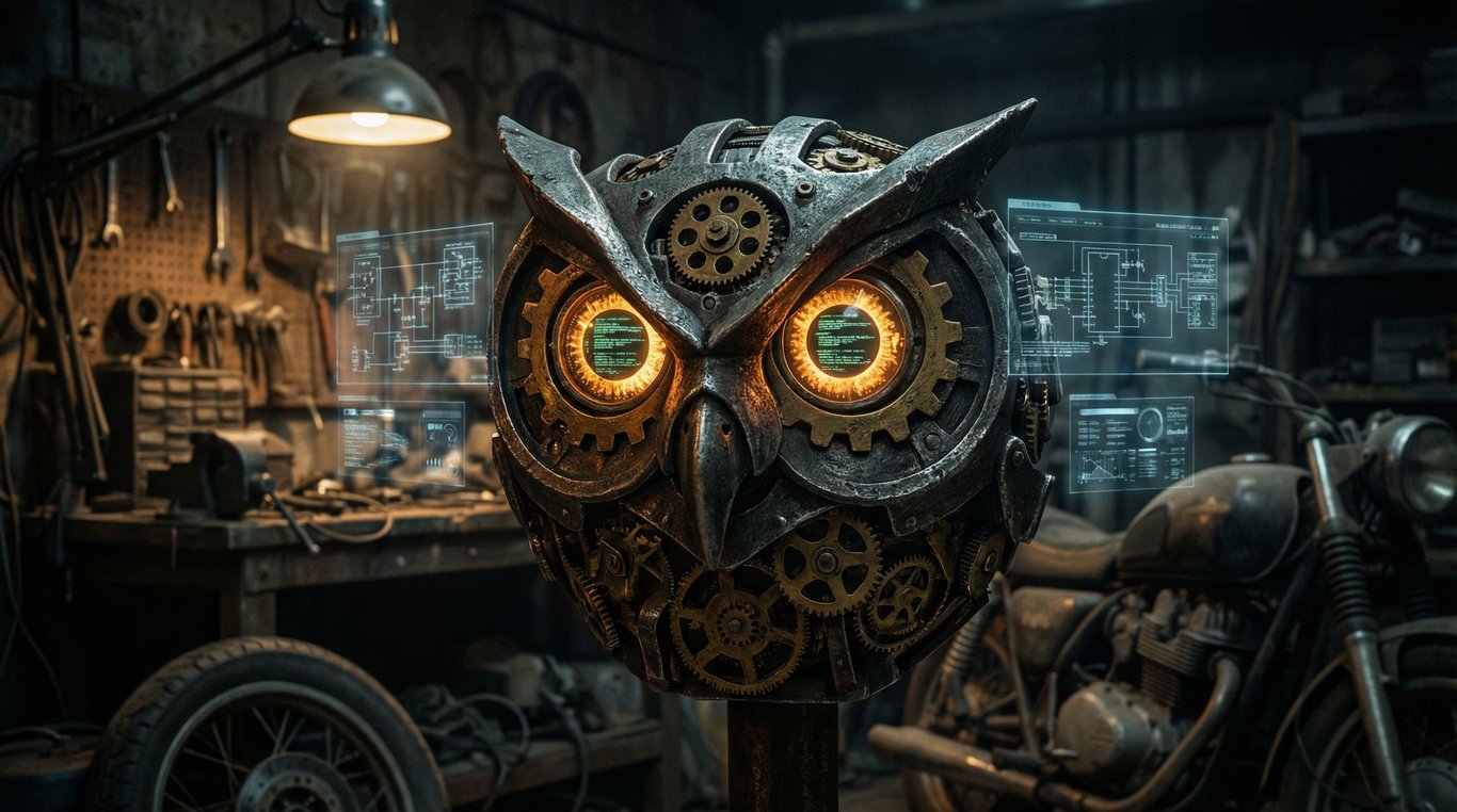 Wrench Ai artwork for the 1989 Honda Gold Wing GL1500 Aspencade build: owl mascot in a workshop