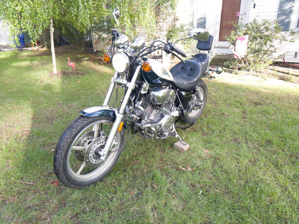 1995 Yamaha Virago 1100, completed restoration: front three-quarter view on the lawn