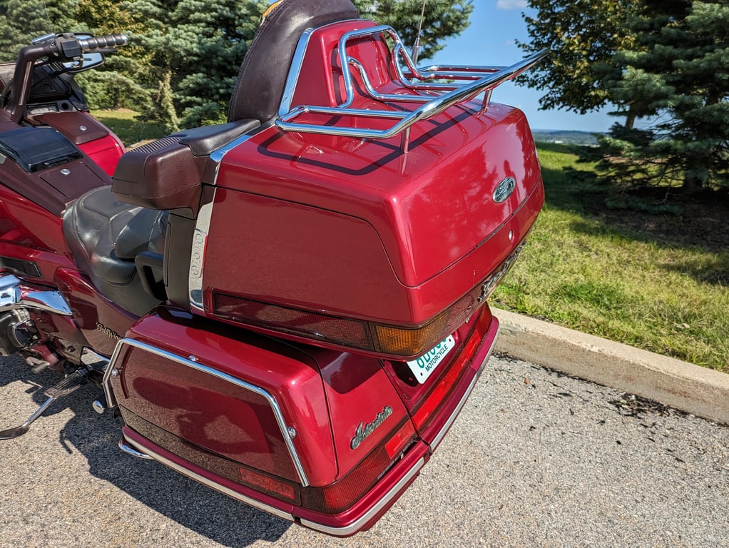 1995 red Honda Gold Wing GL1500 Interstate, completed restoration: rear trunk