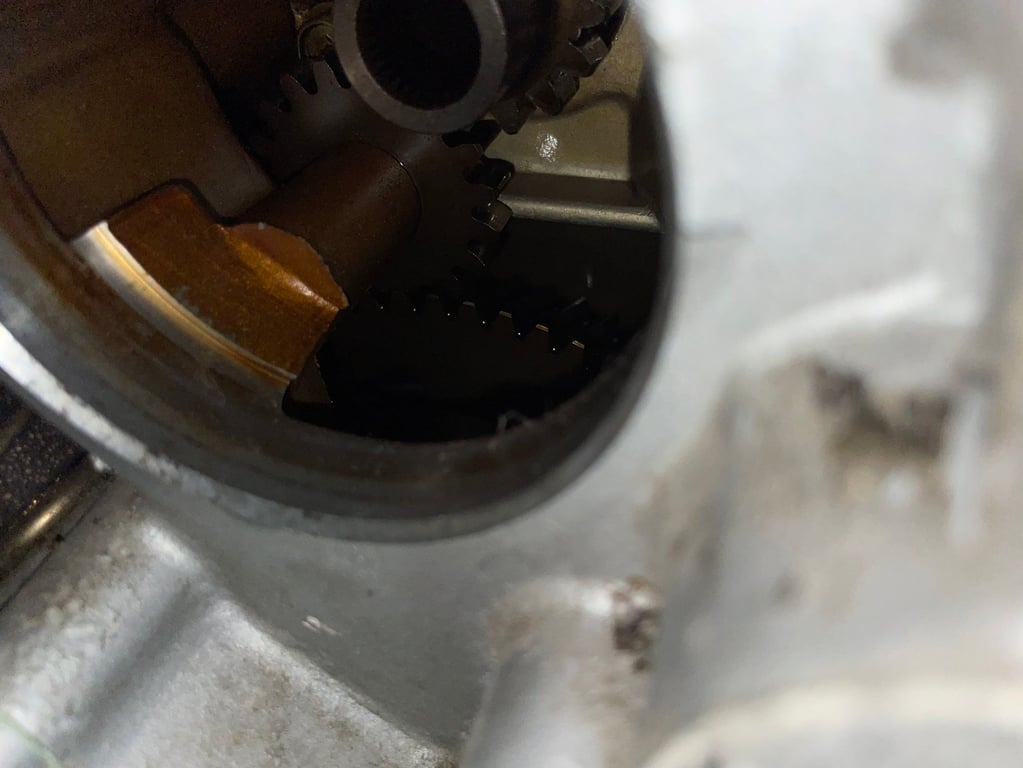 1995 red Honda Gold Wing GL1500 Interstate, before restoration: close-up inside an engine case opening
