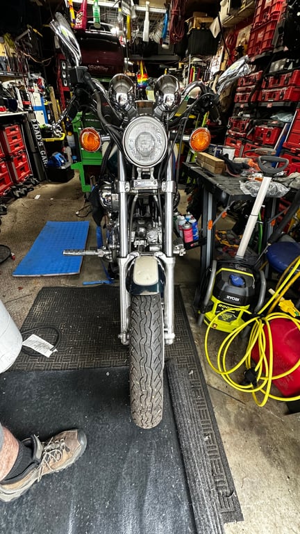 1995 Yamaha Virago 1100, completed restoration: front view in the shop