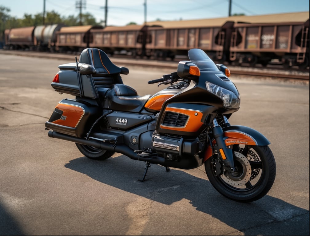 AI concept render of the Gold Wing in black and orange, for the 1989 Honda Gold Wing GL1500 Aspencade build