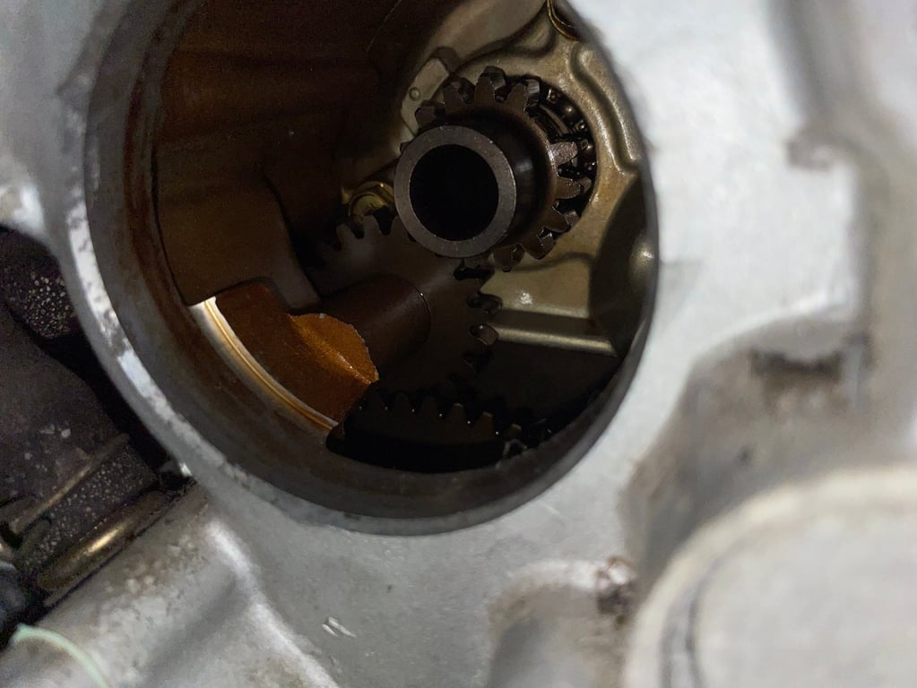 1995 red Honda Gold Wing GL1500 Interstate, before restoration: close-up inside an engine case opening