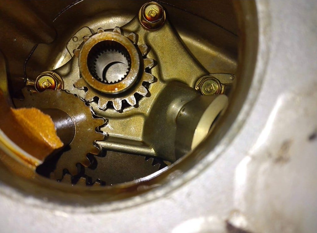 1995 red Honda Gold Wing GL1500 Interstate, before restoration: gear inside the engine case
