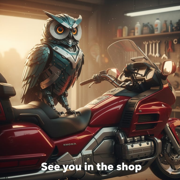 Wrench Ai artwork for the 1989 Honda Gold Wing GL1500 Aspencade build: owl mascot with a red Gold Wing, captioned See you in the shop