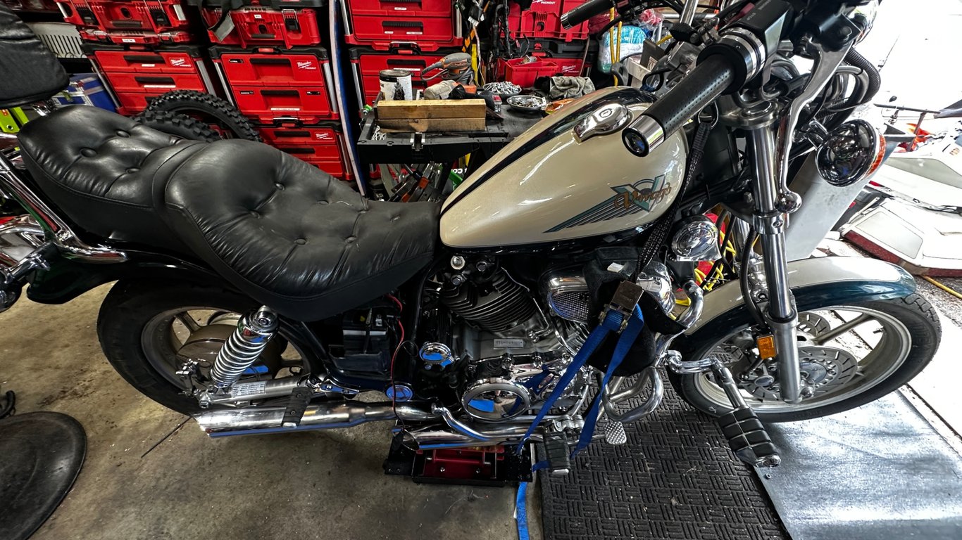 1995 Yamaha Virago 1100, completed restoration: side view in the shop