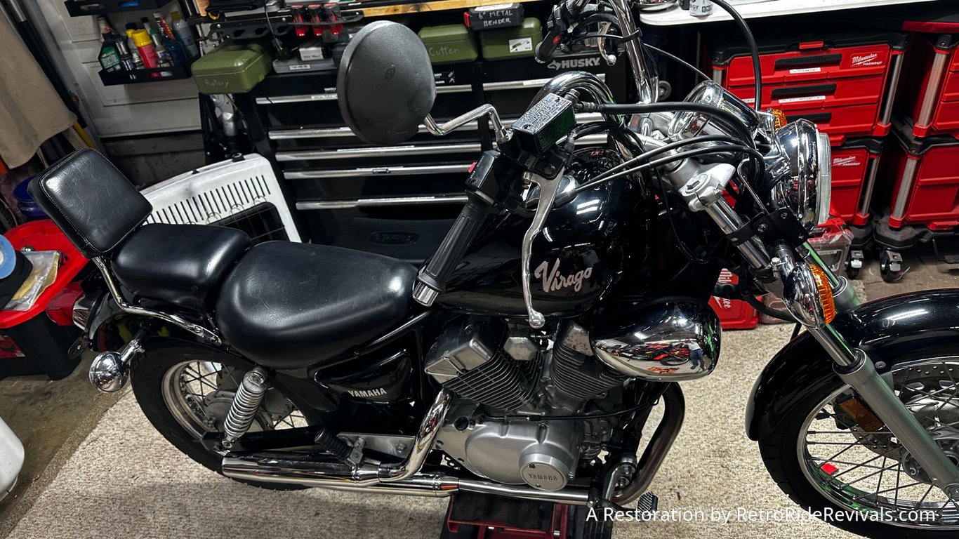 1996 Yamaha Virago XV250: side view in the shop