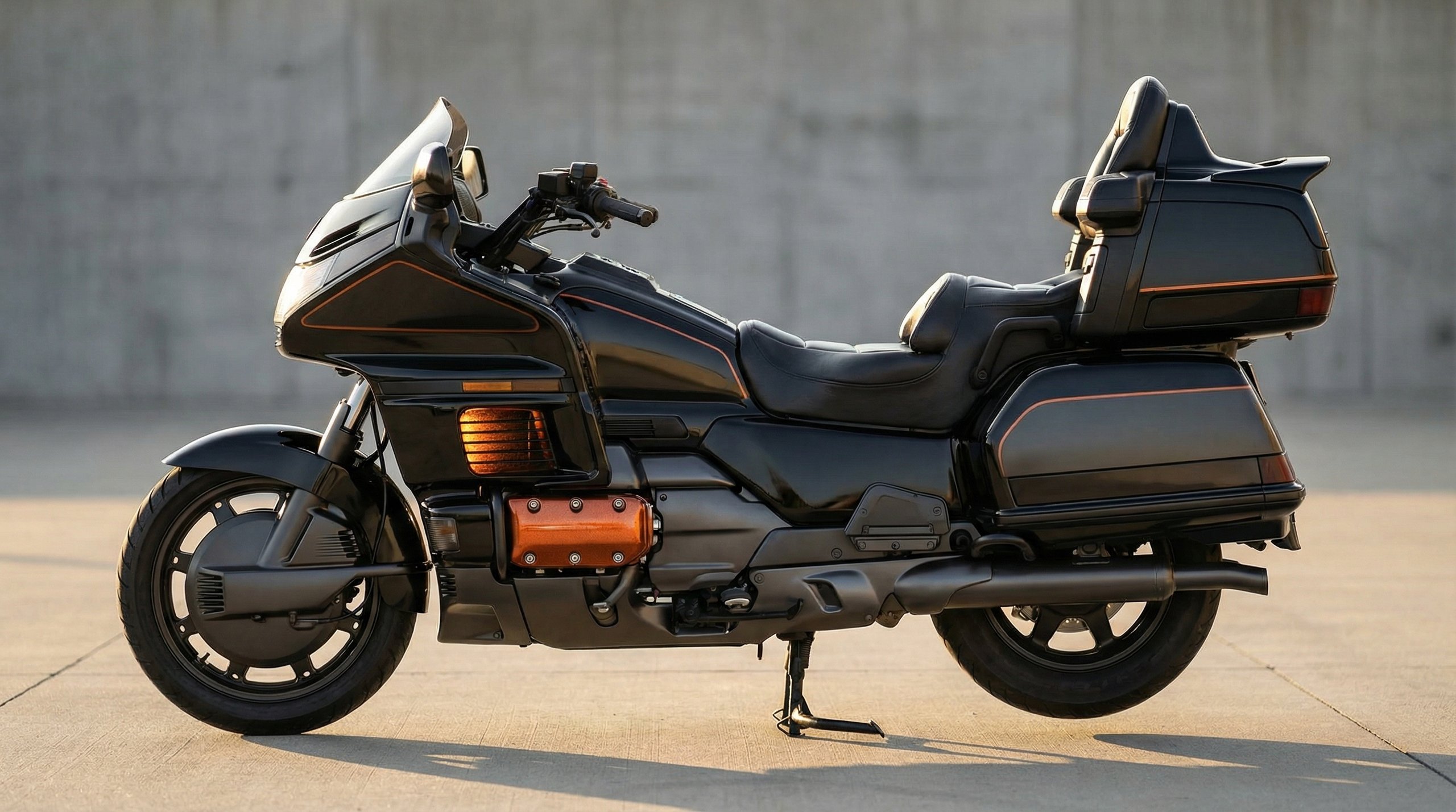 AI concept render of the Gold Wing in black and orange, for the 1989 Honda Gold Wing GL1500 Aspencade build