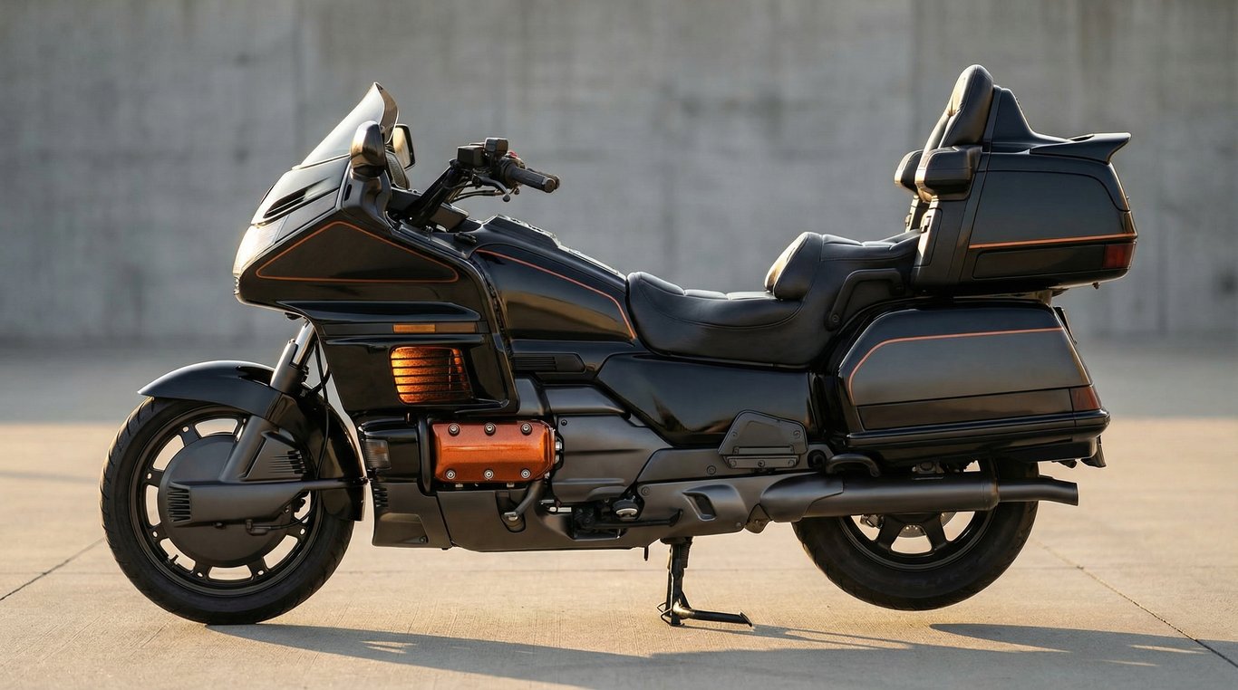 AI concept render of the Gold Wing in black and orange, for the 1989 Honda Gold Wing GL1500 Aspencade build