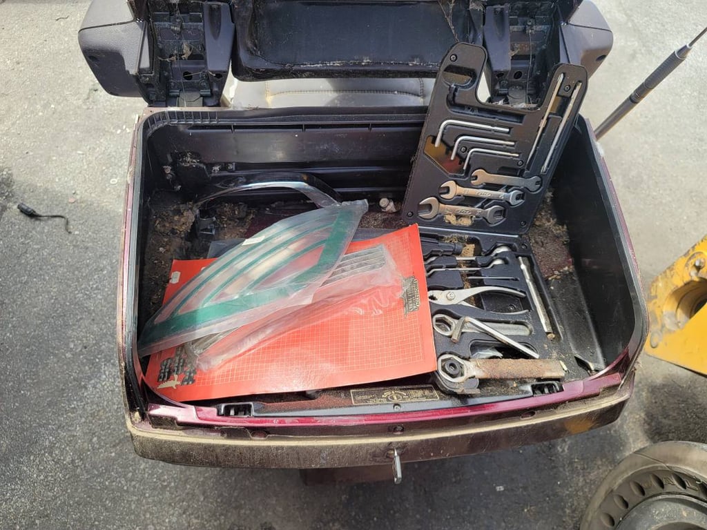 1989 Honda Gold Wing GL1500 Aspencade, before restoration: open trunk holding tools
