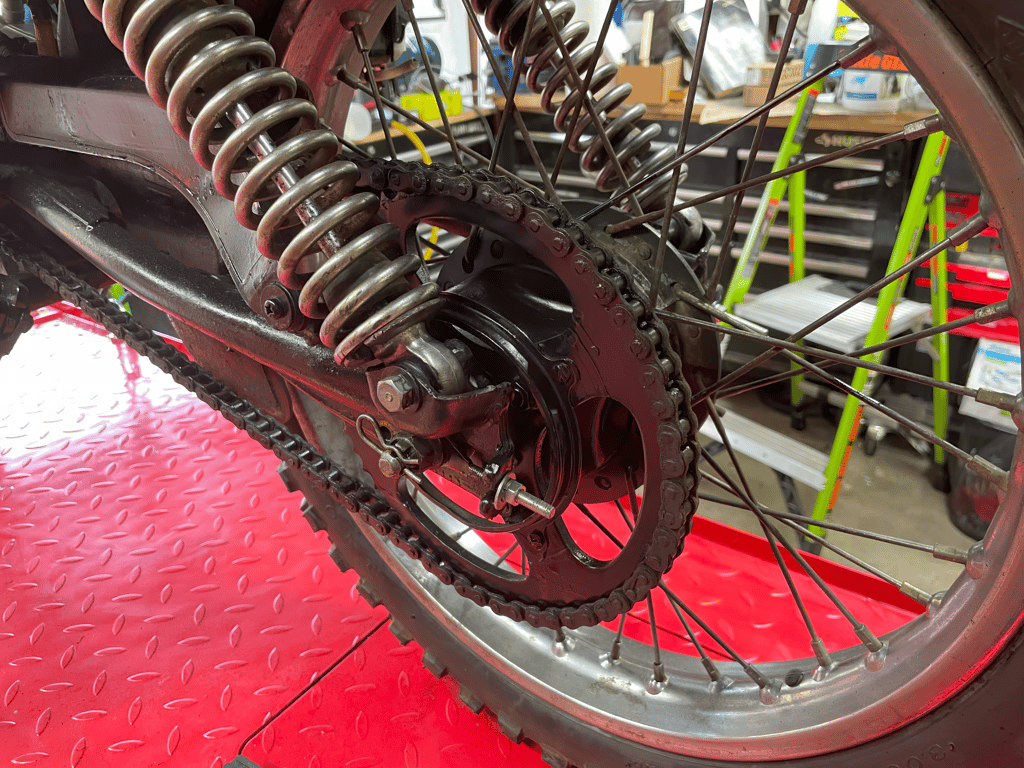 1979 Honda XL125s, during the rebuild: rear sprocket and chain