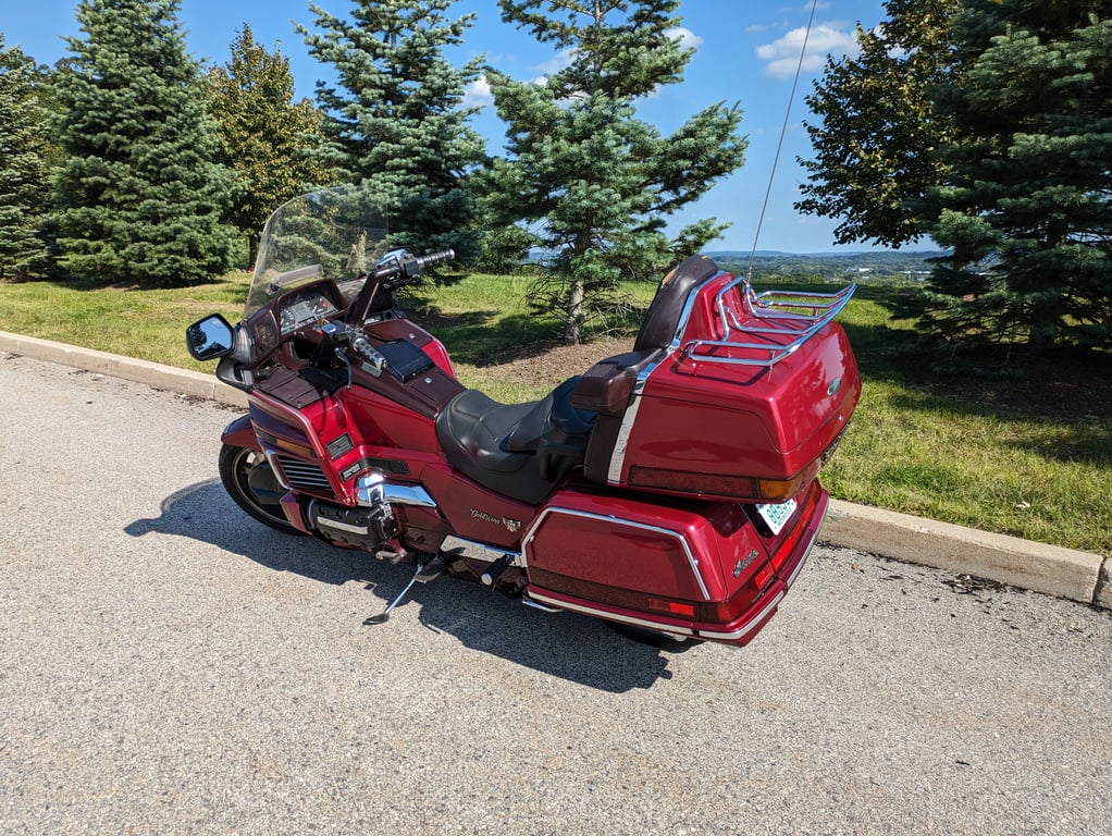 1995 red Honda Gold Wing GL1500 Interstate, completed restoration: finished bike outdoors