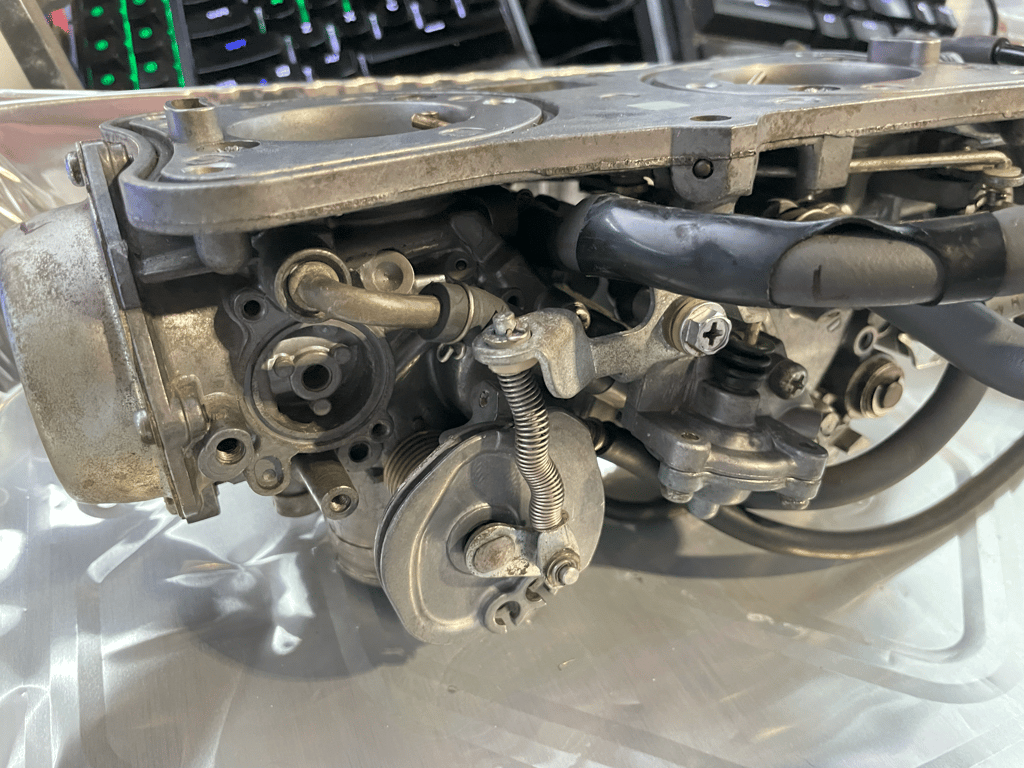 1995 Honda Gold Wing GL1500 Interstate: carburetor bank out of the bike, on the workbench
