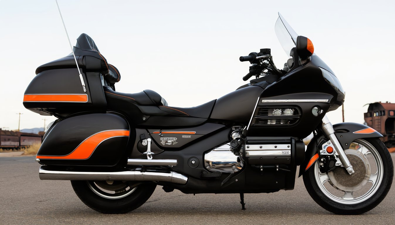AI concept render of the Gold Wing in black and orange, for the 1989 Honda Gold Wing GL1500 Aspencade build