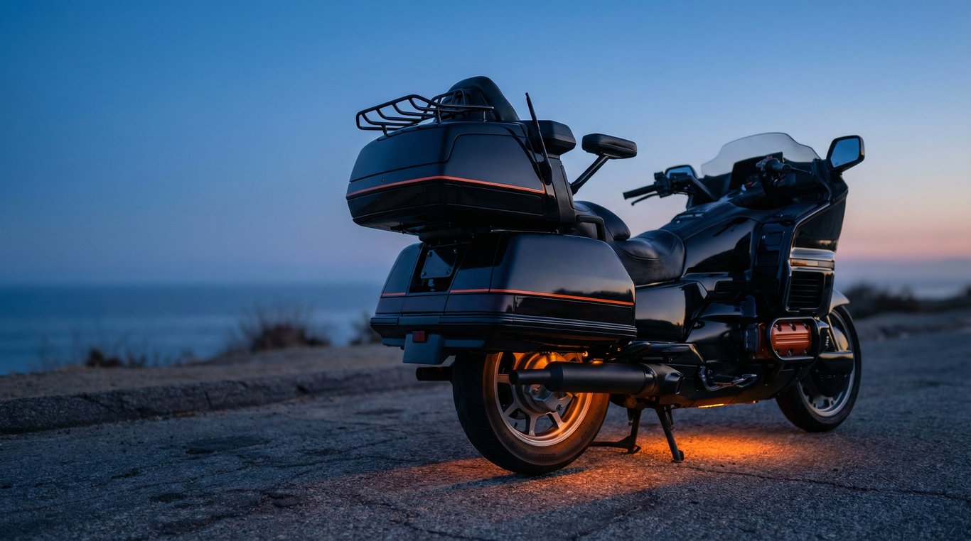 AI concept render of the Gold Wing in black and orange, for the 1989 Honda Gold Wing GL1500 Aspencade build