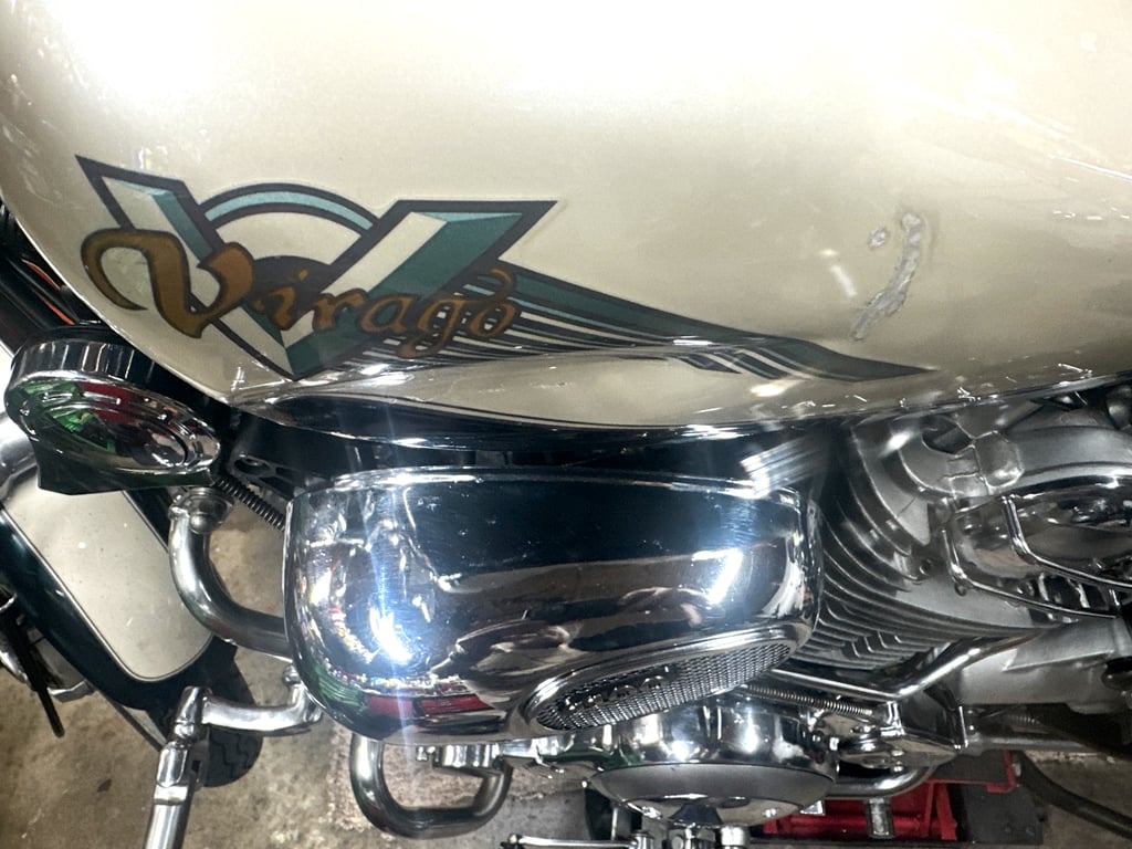 1995 Yamaha Virago 1100, restoration in progress: tank badge and chrome air-cleaner cover