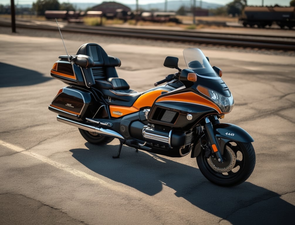 AI concept render of the Gold Wing in black and orange, for the 1989 Honda Gold Wing GL1500 Aspencade build
