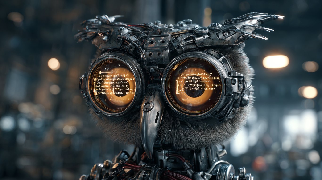 Wrench Ai artwork for the 1989 Honda Gold Wing GL1500 Aspencade build: close-up of the mechanical owl mascot