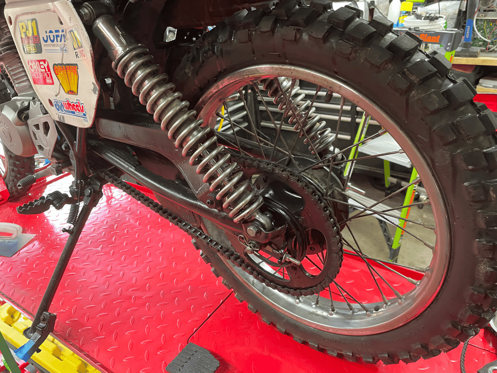 1979 Honda XL125s, during the rebuild: rear wheel, shock and chain