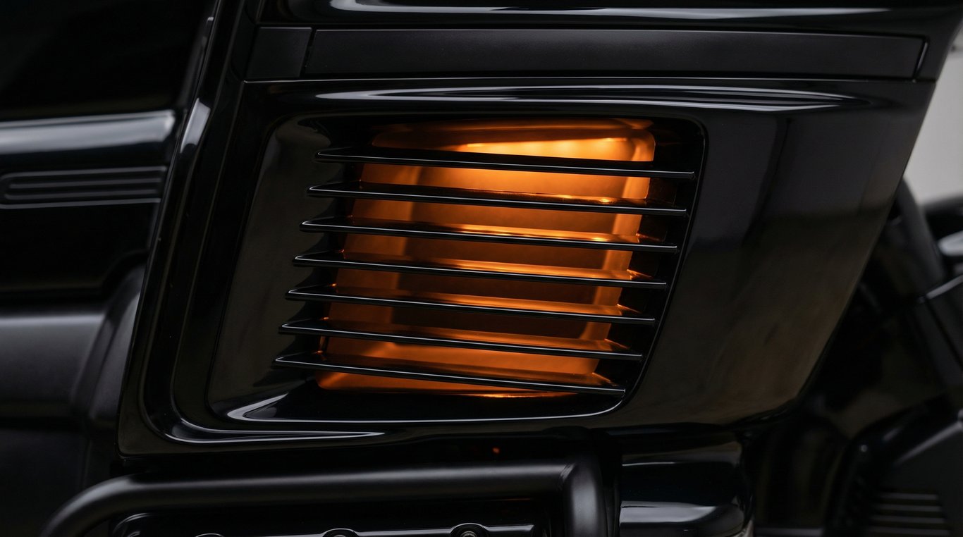 AI concept render, close-up of a vent with orange glow, for the 1989 Honda Gold Wing GL1500 Aspencade build