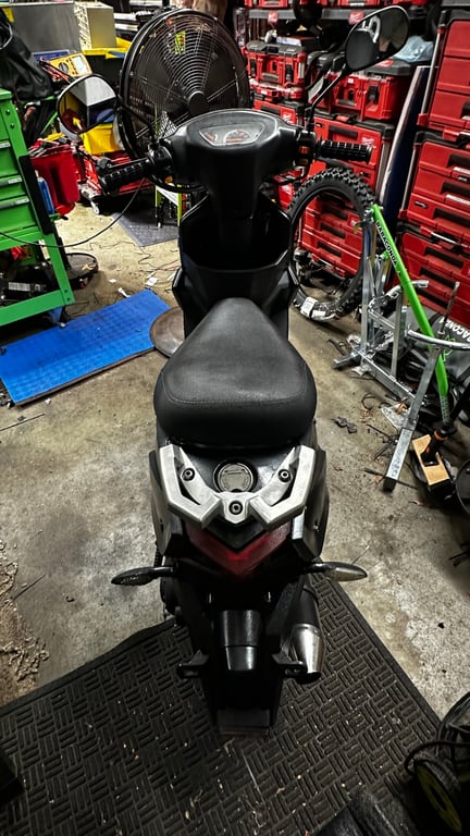 Tao Tao 50cc moped, completed restoration: front view with the headlight on