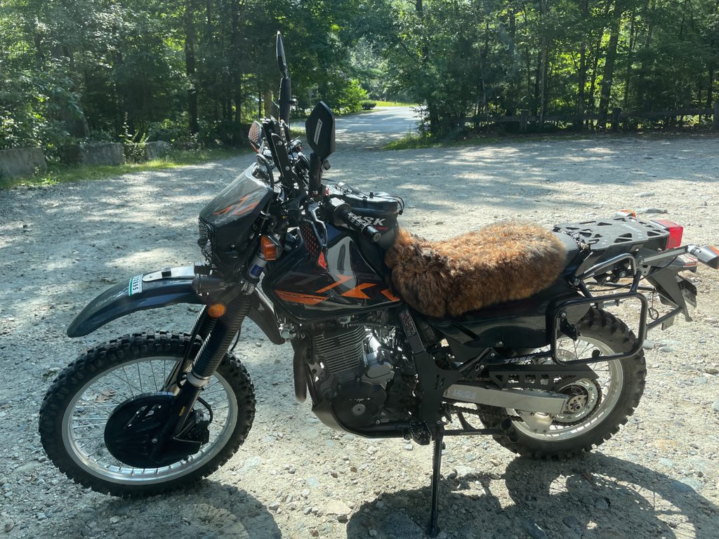 Dual-sport motorcycle parked in a forest clearing.