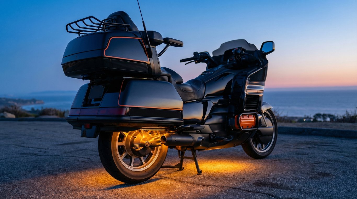 AI concept render of the Gold Wing in black and orange, for the 1989 Honda Gold Wing GL1500 Aspencade build