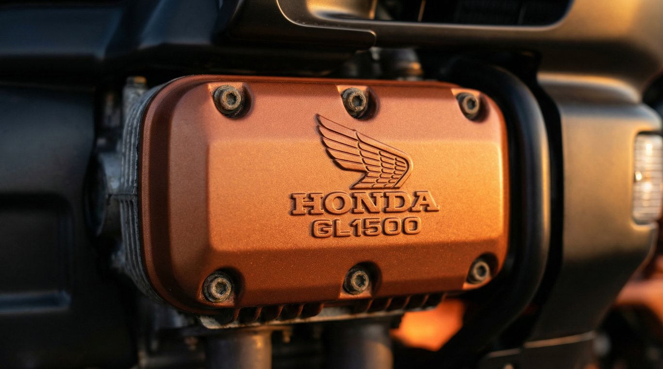 AI concept render, close-up of the engine badge, for the 1989 Honda Gold Wing GL1500 Aspencade build
