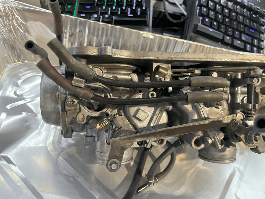 1995 Honda Gold Wing GL1500 Interstate: carburetor bank out of the bike, on the workbench