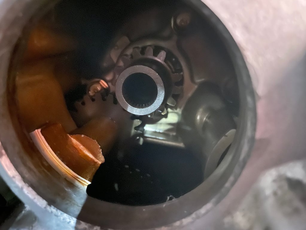 1995 red Honda Gold Wing GL1500 Interstate, before restoration: close-up inside an engine case opening