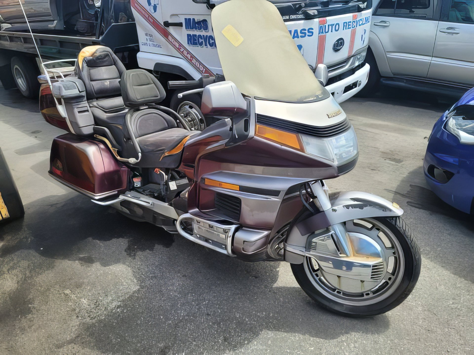 1989 Honda Gold Wing GL1500 Aspencade, before restoration: burgundy Gold Wing parked outdoors, three-quarter view
