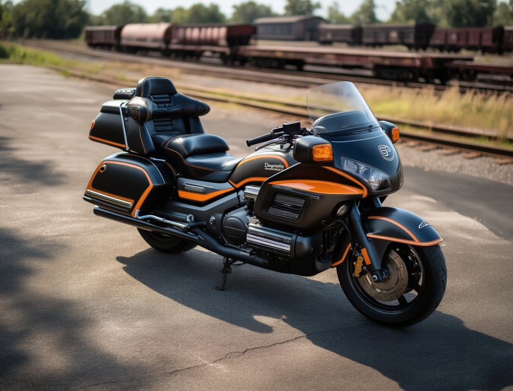 AI concept render of the Gold Wing in black and orange, for the 1989 Honda Gold Wing GL1500 Aspencade build