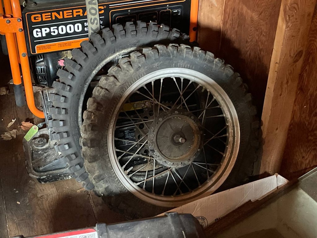 1979 Kawasaki KDX400-A1, before restoration: wheel and knobby tire