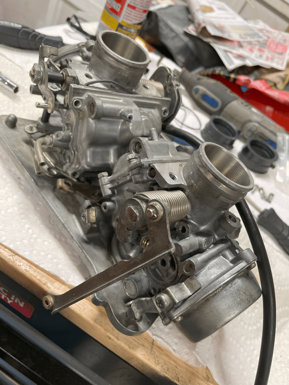 1995 Honda Gold Wing GL1500 Interstate: carburetor bank out of the bike, on the workbench