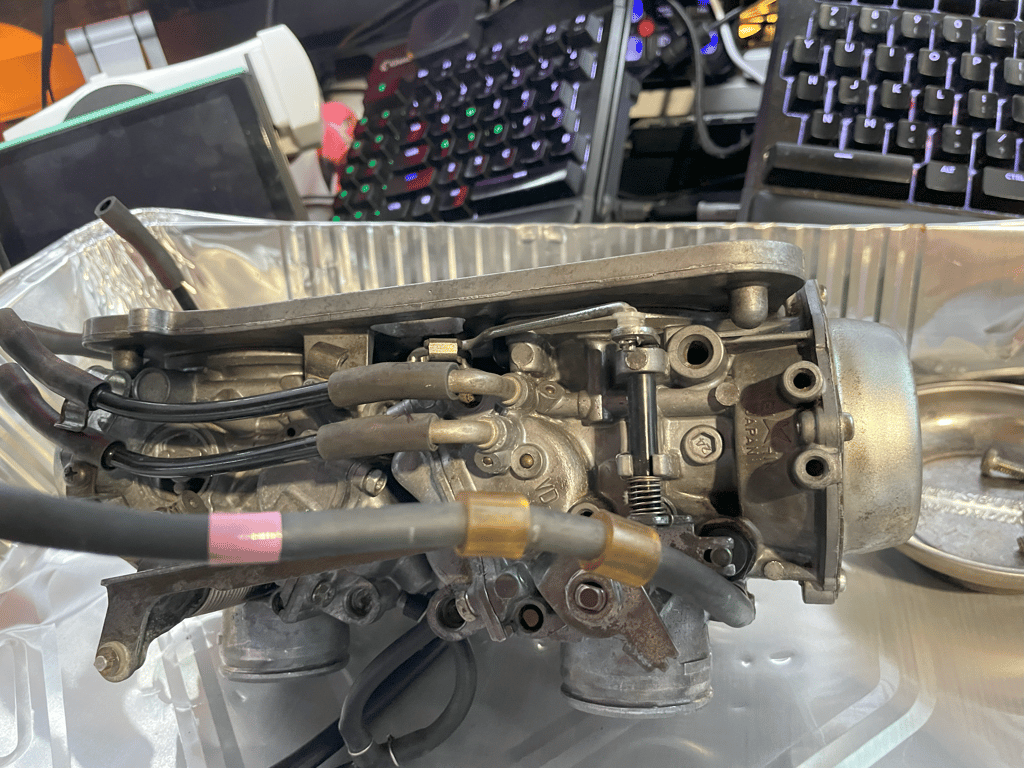 1995 Honda Gold Wing GL1500 Interstate: carburetor bank out of the bike, on the workbench