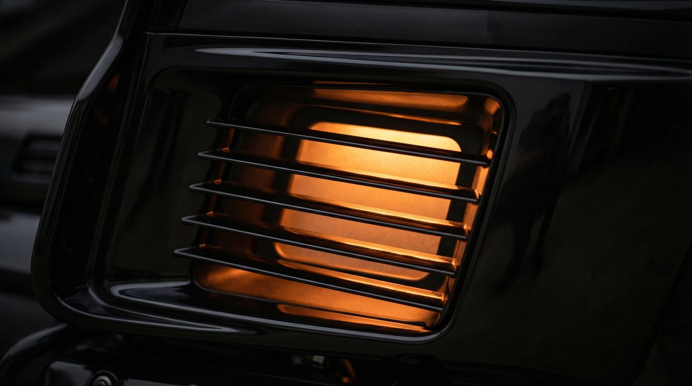 AI concept render, close-up of a vent with orange glow, for the 1989 Honda Gold Wing GL1500 Aspencade build