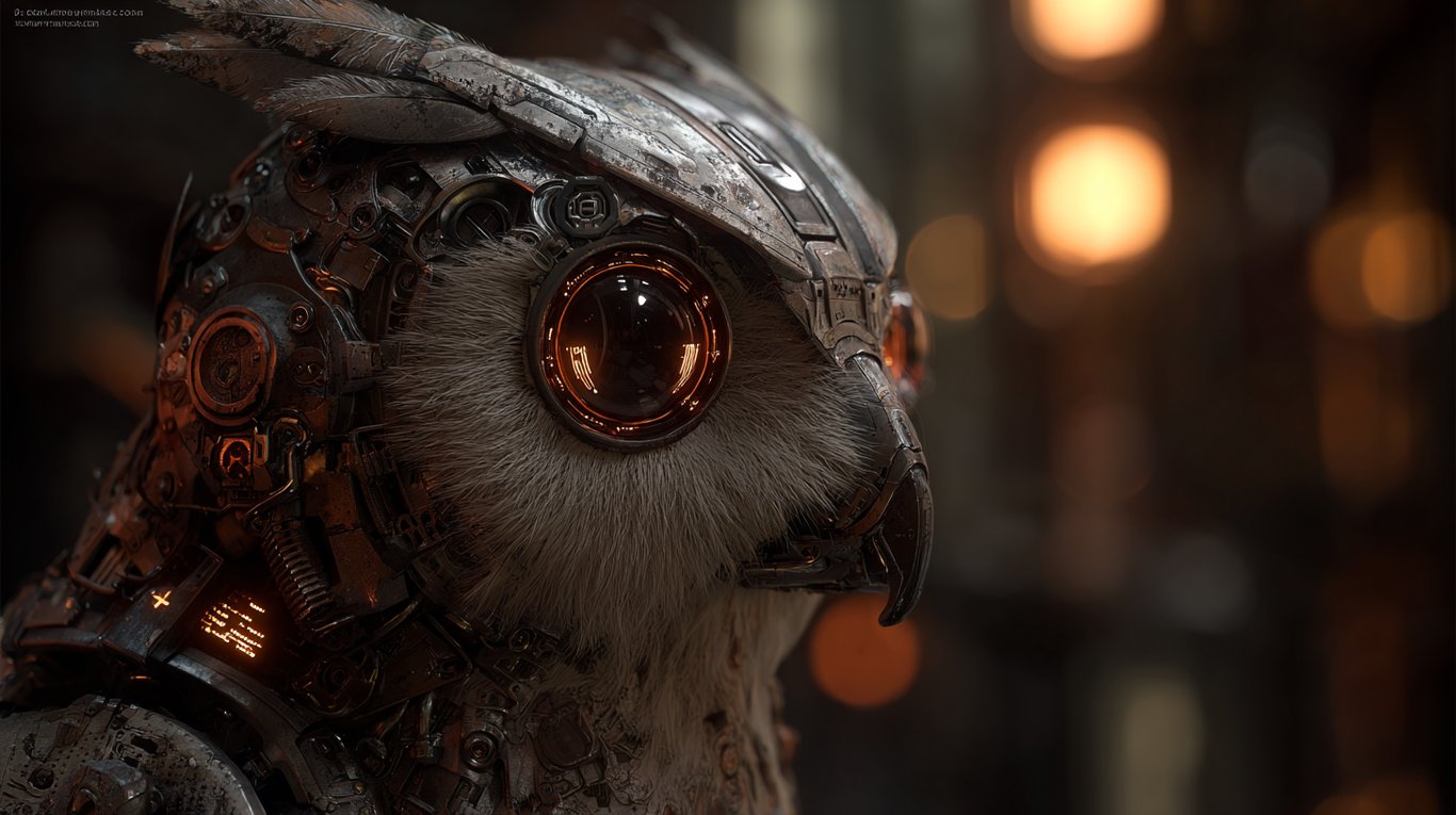 Wrench Ai artwork for the 1989 Honda Gold Wing GL1500 Aspencade build: close-up of the mechanical owl mascot