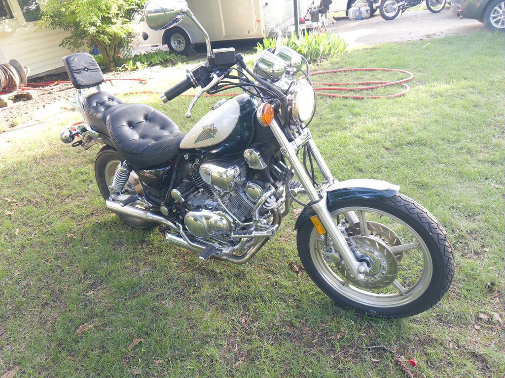 1995 Yamaha Virago 1100, completed restoration: side view on the lawn